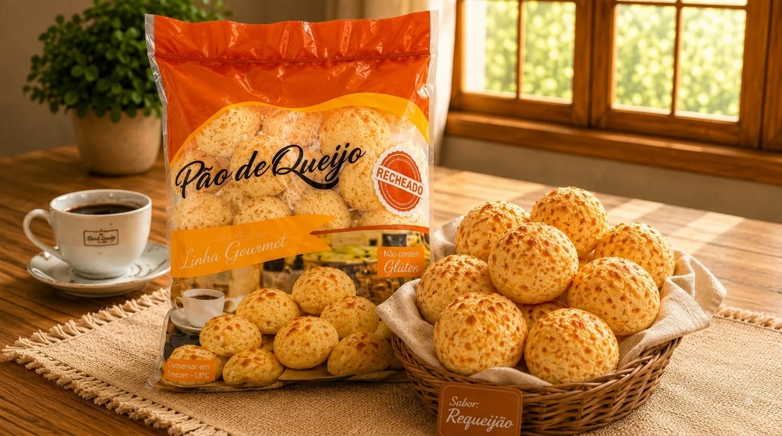 Pão de queijo recheado com requeijão congelado 1kg em embalagem e aberto em travessa