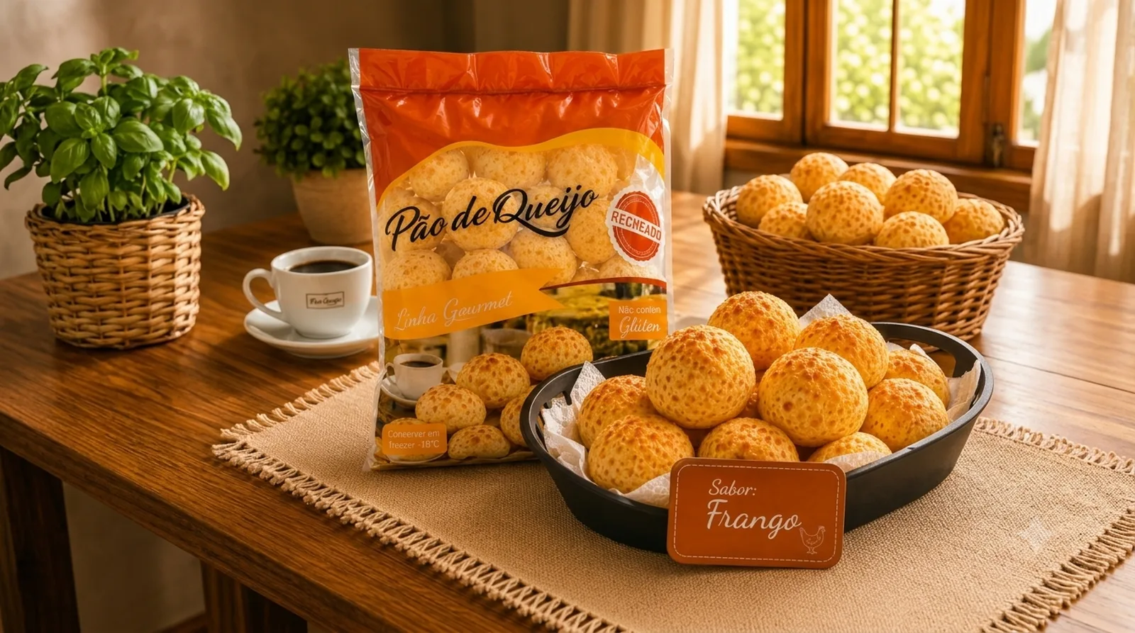 Pão de queijo recheado com frango e requeijão congelado 1kg em embalagem e aberto em travessa