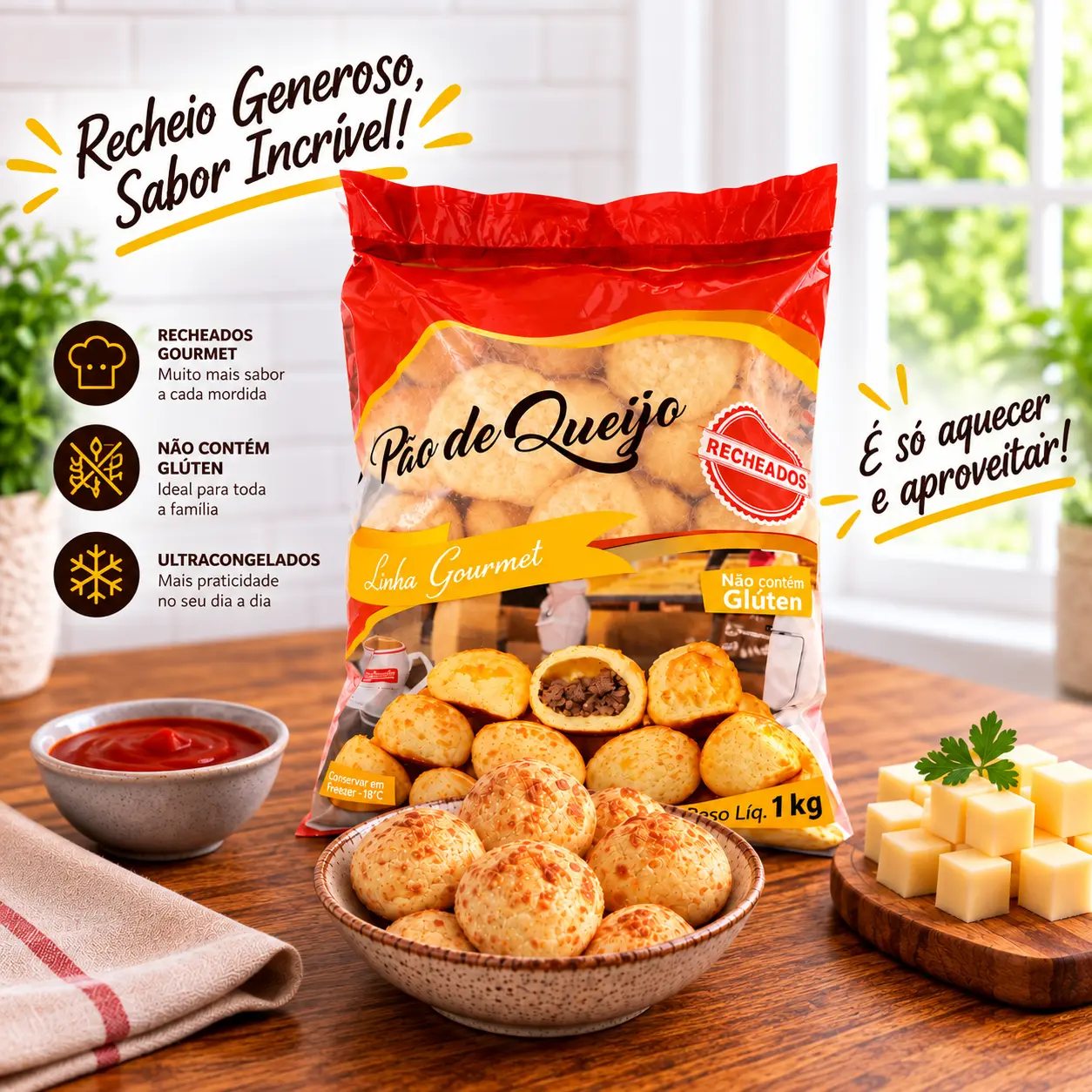 Pão de queijo recheado com requeijão congelado 1kg em embalagem e aberto em travessa