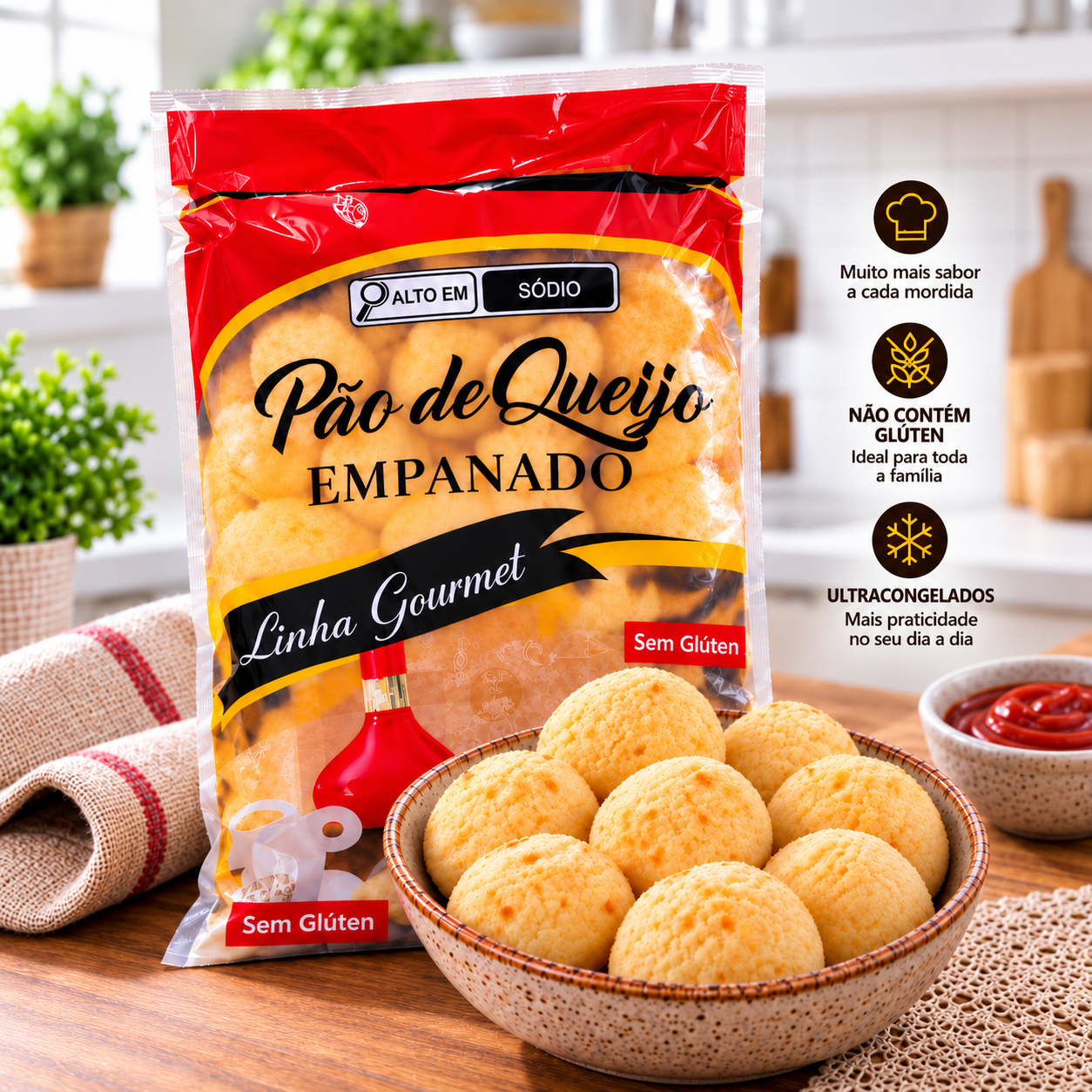 Pão de queijo empanado com parmesão congelado 1kg em embalagem e servido em travessa