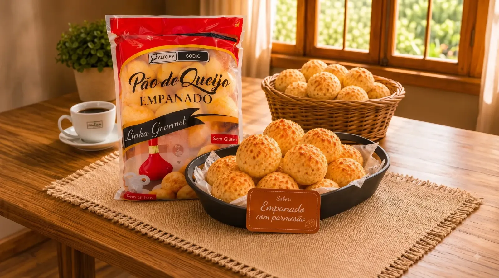 Pão de queijo empanado com parmesão congelado 1kg em embalagem e servido em travessa