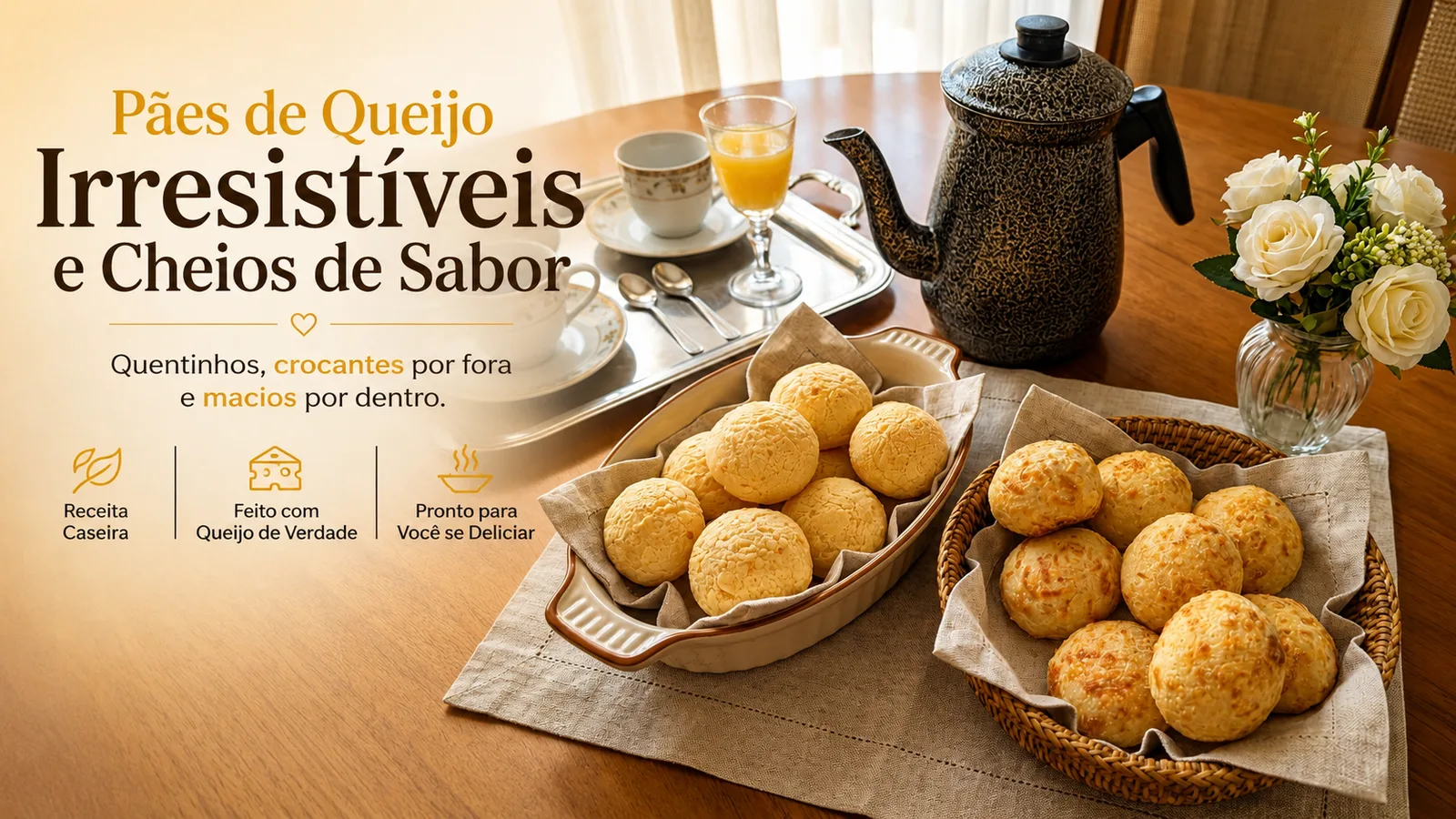 Pães de queijo assados quentinhos em travessa com café, prontos para servir em eventos