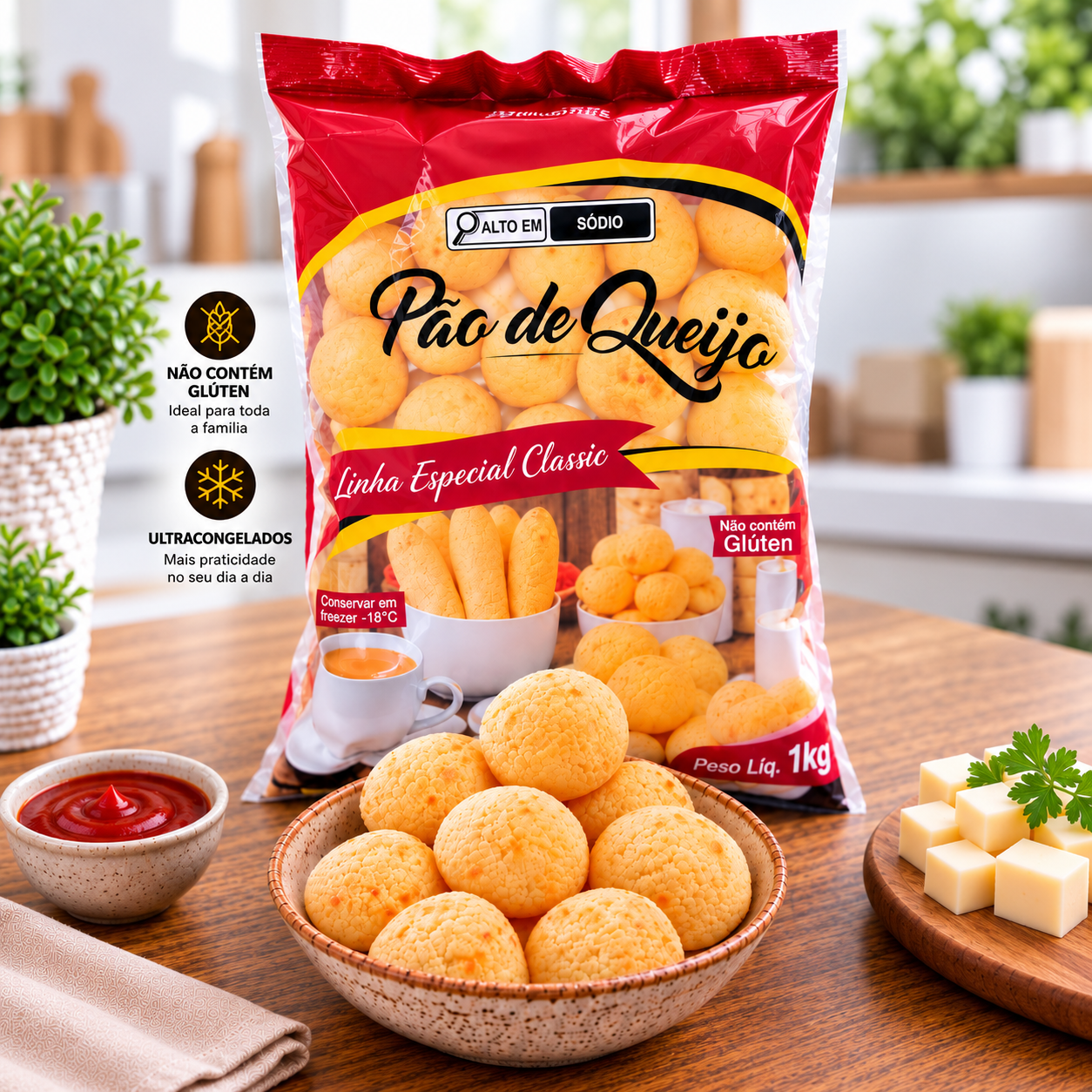 Pão de queijo tradicional congelado 1kg em embalagem e servido em travessa