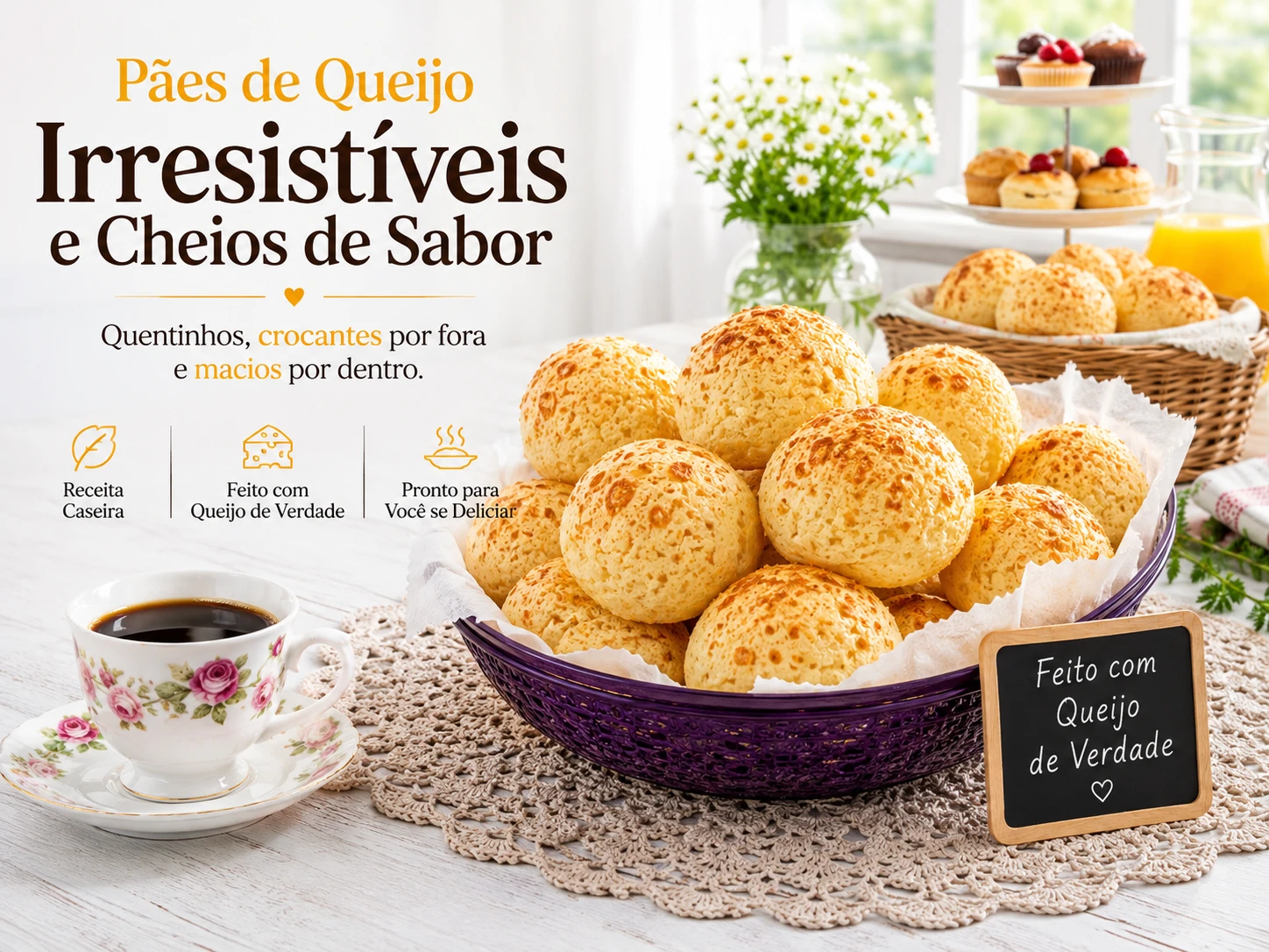 Cesta de pães de queijo, xícara de café e placa 'Feito com Queijo de Verdade'
