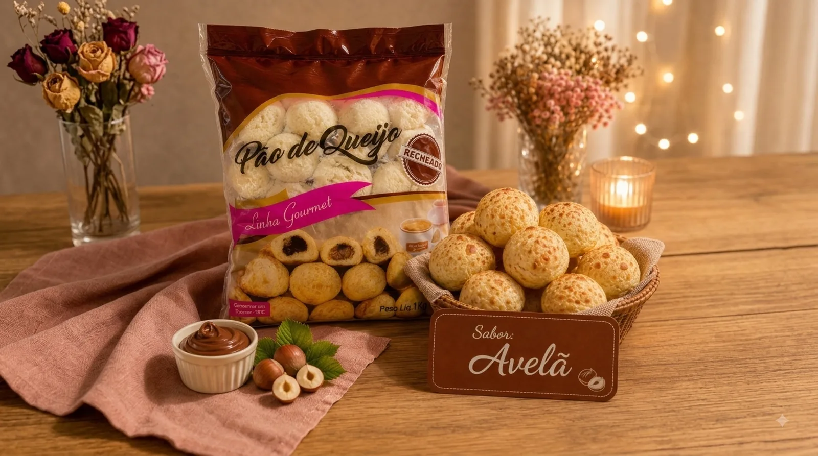 Pão de queijo recheado avelã congelado 1kg em embalagem e aberto em travessa