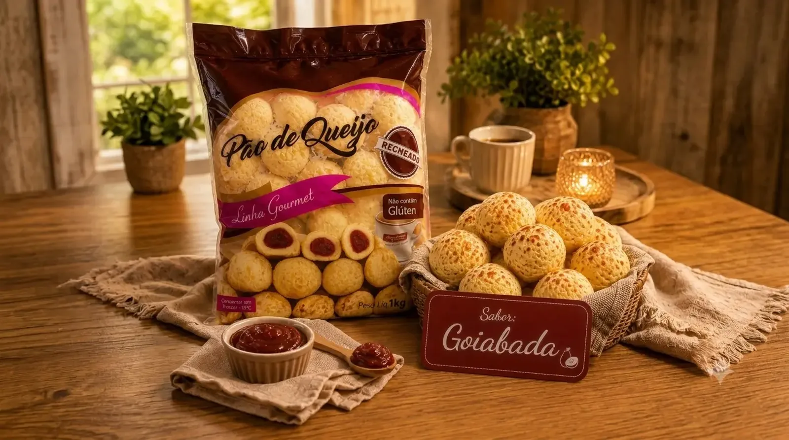 Pão de queijo recheado goiabada congelado 1kg em embalagem e aberto em travessa