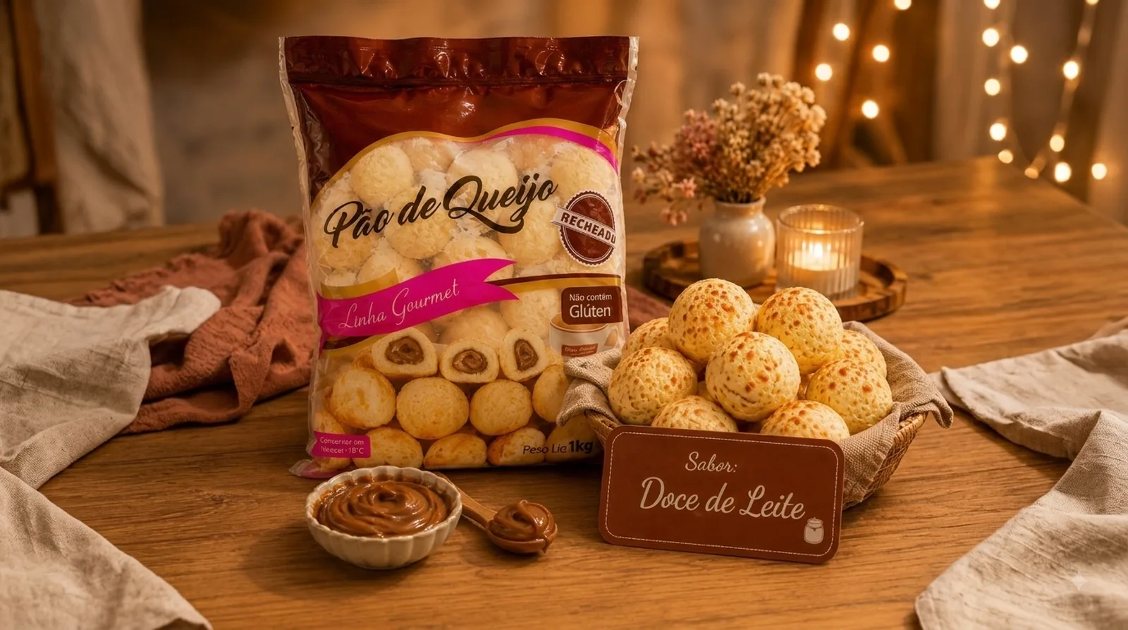 Pão de queijo recheado doce de leite congelado 1kg em embalagem e aberto em travessa