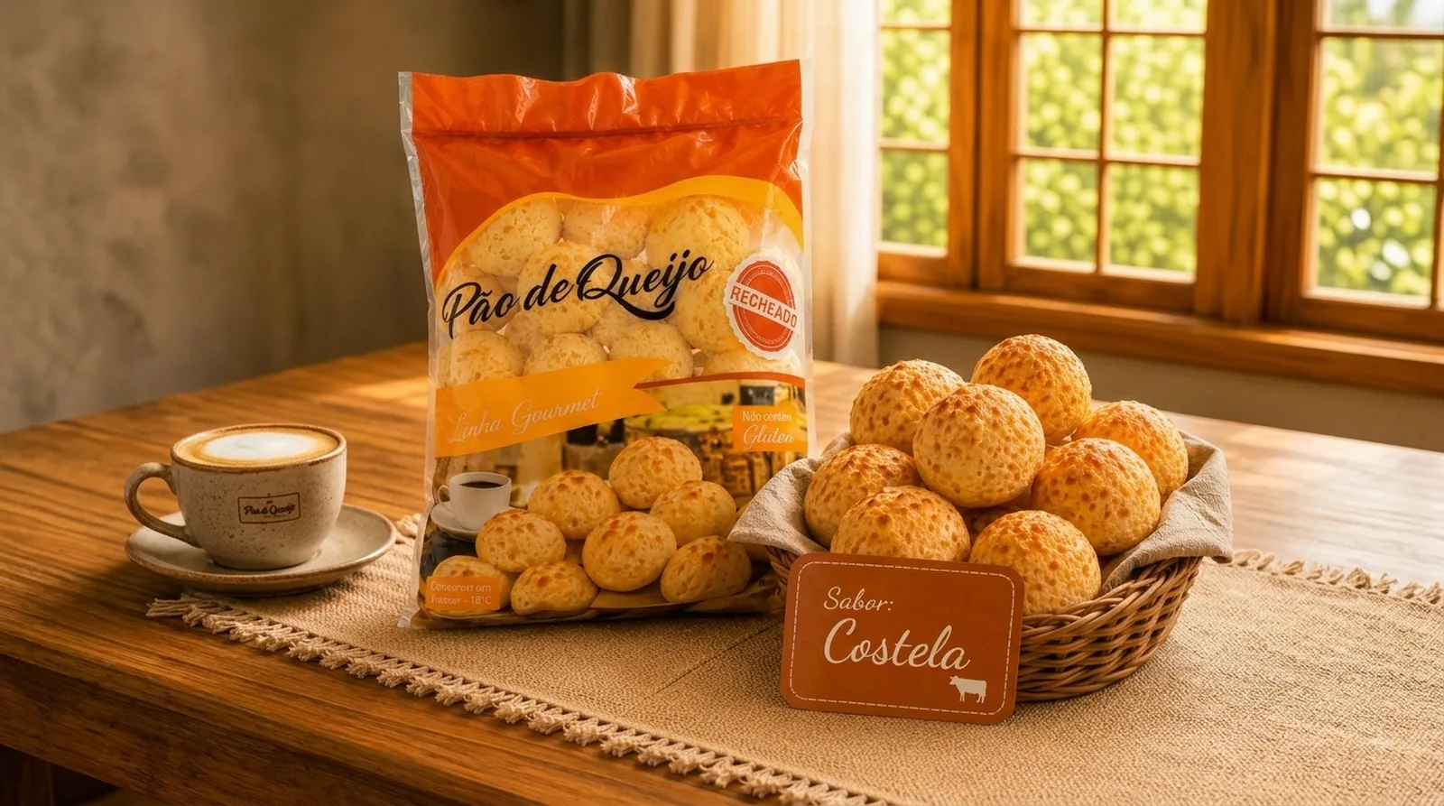 Pão de queijo recheado costela congelado 1kg em embalagem e aberto em travessa
